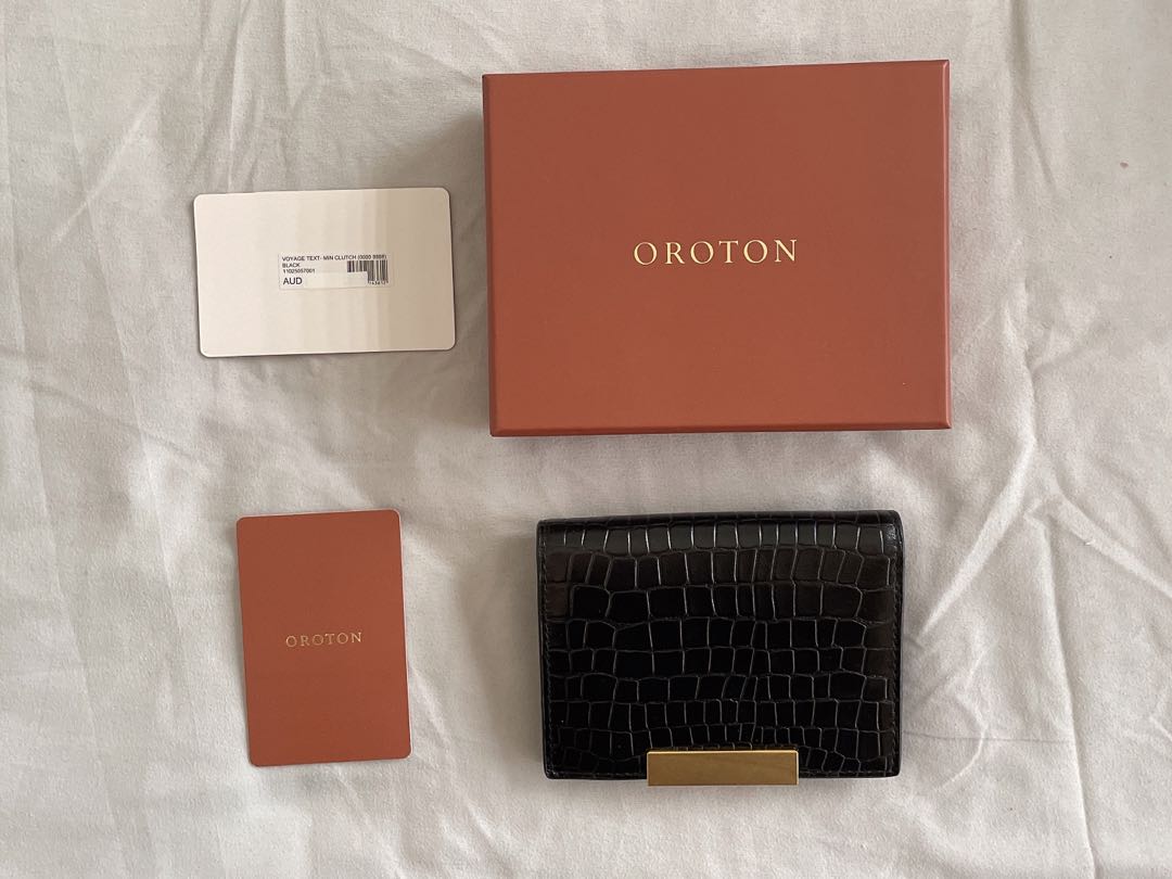 Oroton croc compact wallet in black & gold hardware, Luxury, Bags