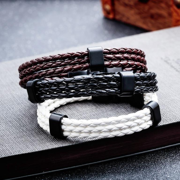 White Triple Braided Leather Bracelet Men s Fashion Watches