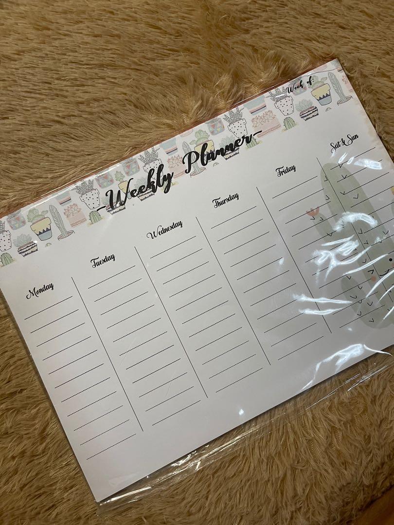 Weekly Planner Pad (Category: Stationery & School Supplies) located in Quezon City. Submitted by declutterbyv (Listing ID 1117314186, Image 2). Description: Weekly Planner Pad Details: - comes in a pad with 80 leaves - symmetrical lines designed - cactus designed - SOLD PER PAD RFS: decluttering .