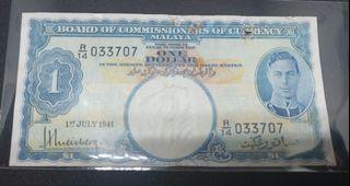 straits settlement  1941 Malaya $1 King
