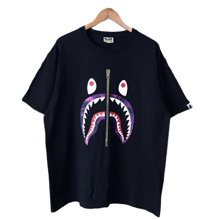 BAPE Purple Camo Shark Tee Shirt Men s Fashion Tops Sets
