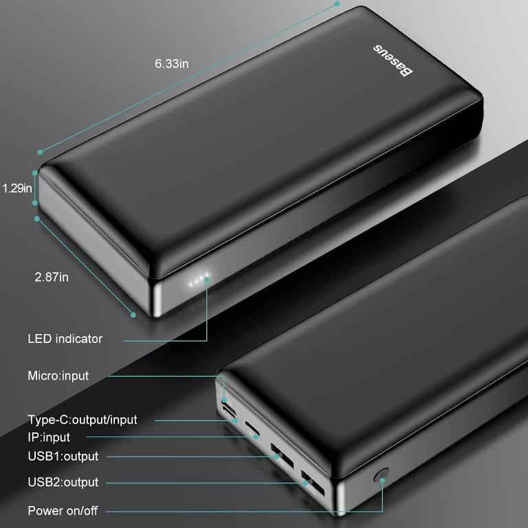  Baseus 30000mAh Portable Charger, 22.5W Power Bank Fast  Charging Battery Pack with 2 USB-A, 1 USB-C and 1 Micro USB Ports  Compatible with iPhone, iPad, Switch, Samsung Devices, and More 