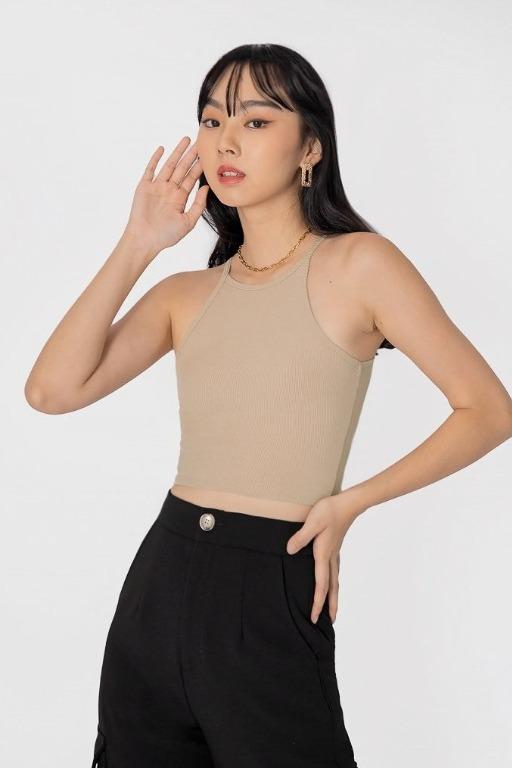 AIMEE HALTER PADDED RIBBED TOP (ALMOND)