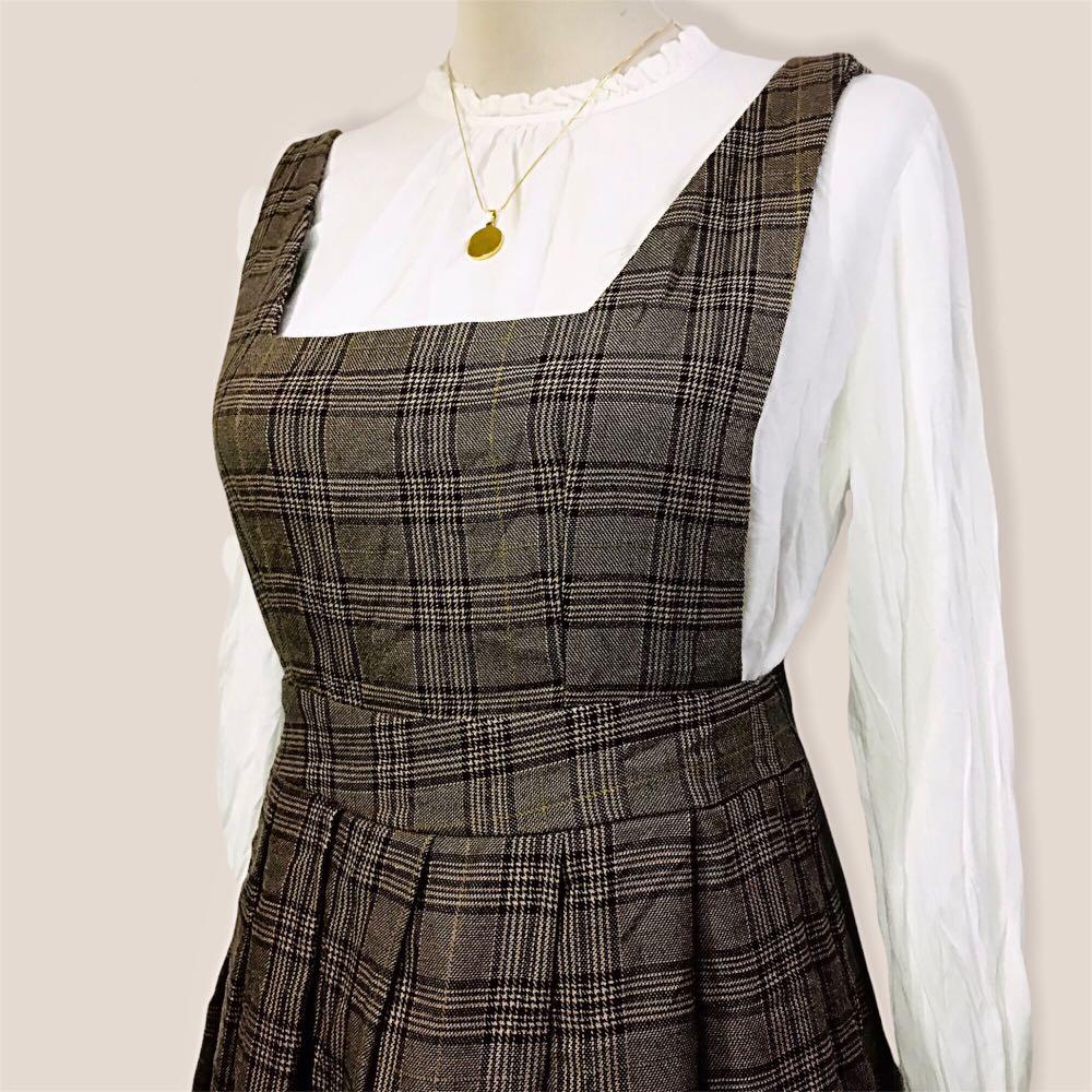 Brown Plaid Midi Jumper Dress, Women's 