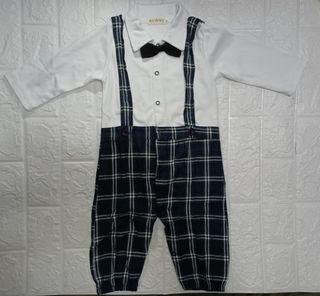 Checkered pants with white long-sleeved polo with bowtie onesie