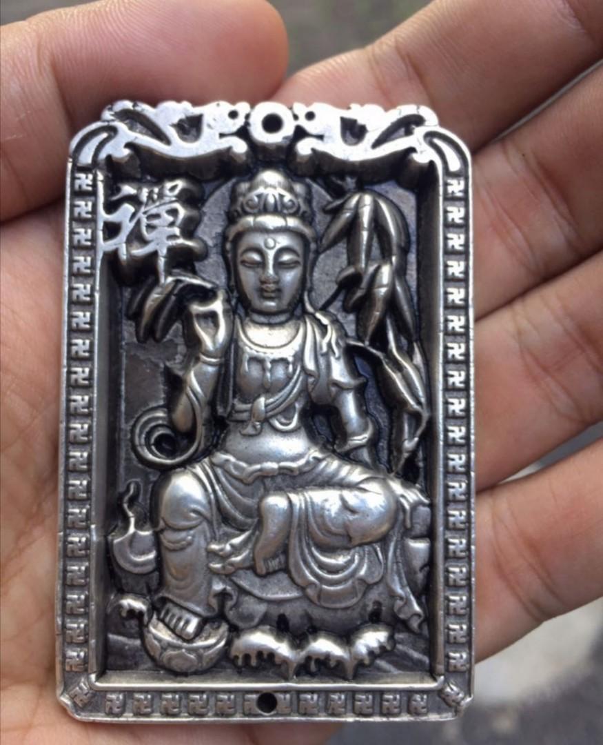 FS138} 清朝银质观音护身符Silver Guan Yin Amulet Pendent From Qing 