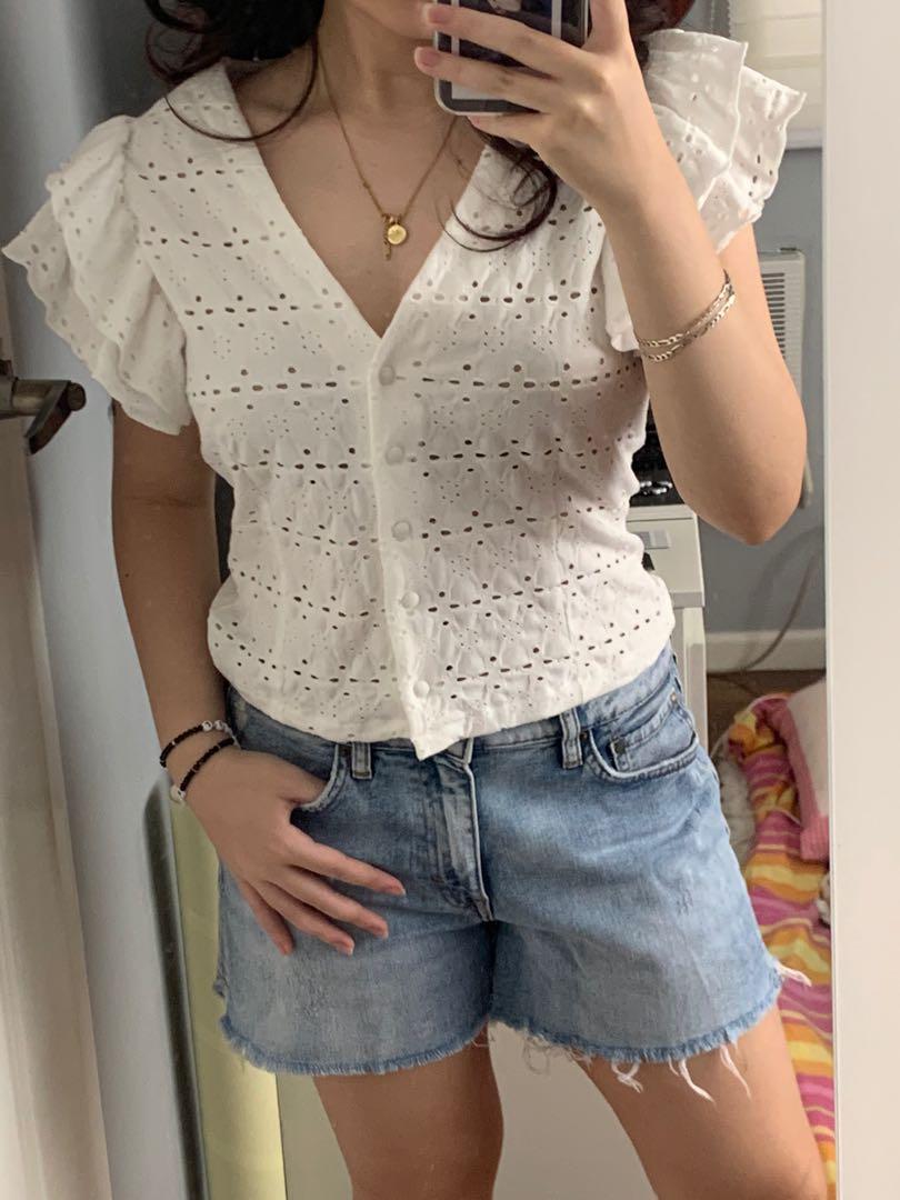 H M White Eyelet Top Women s Fashion Tops Blouses on Carousell