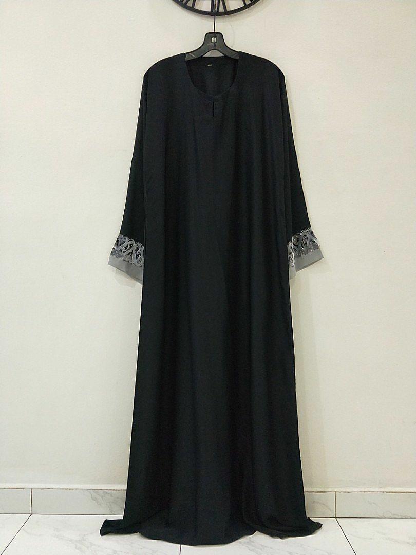 Dubai Abaya Jilabiya Floral Maxi Dress Flare Umbrella Silver Rhinestones Black 