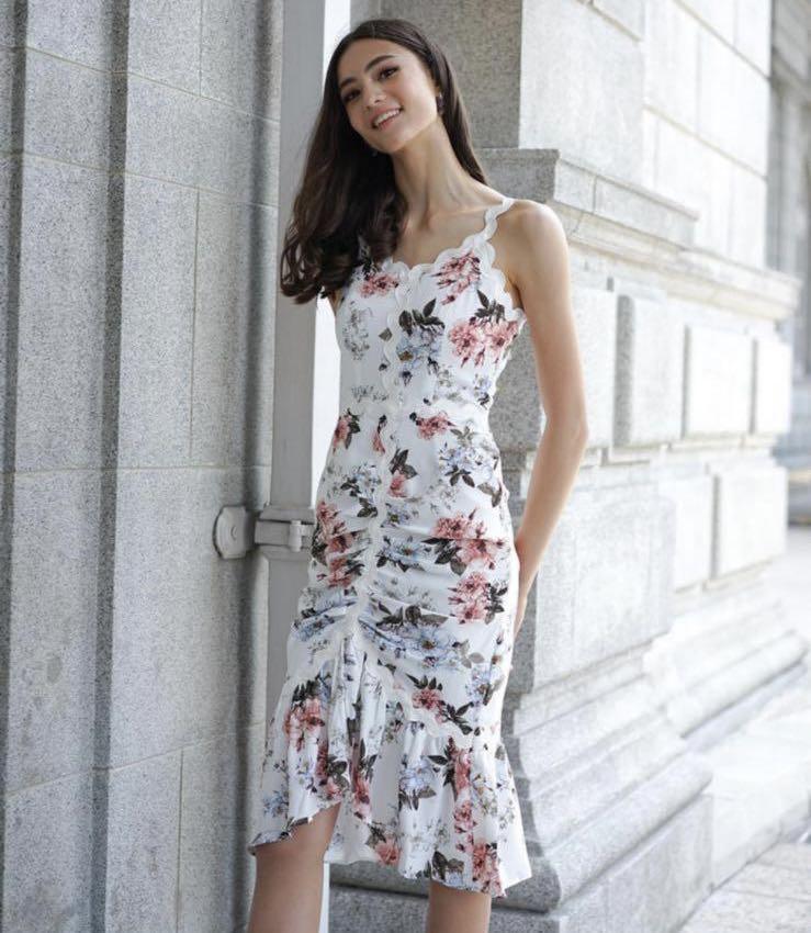 white floral ruched dress