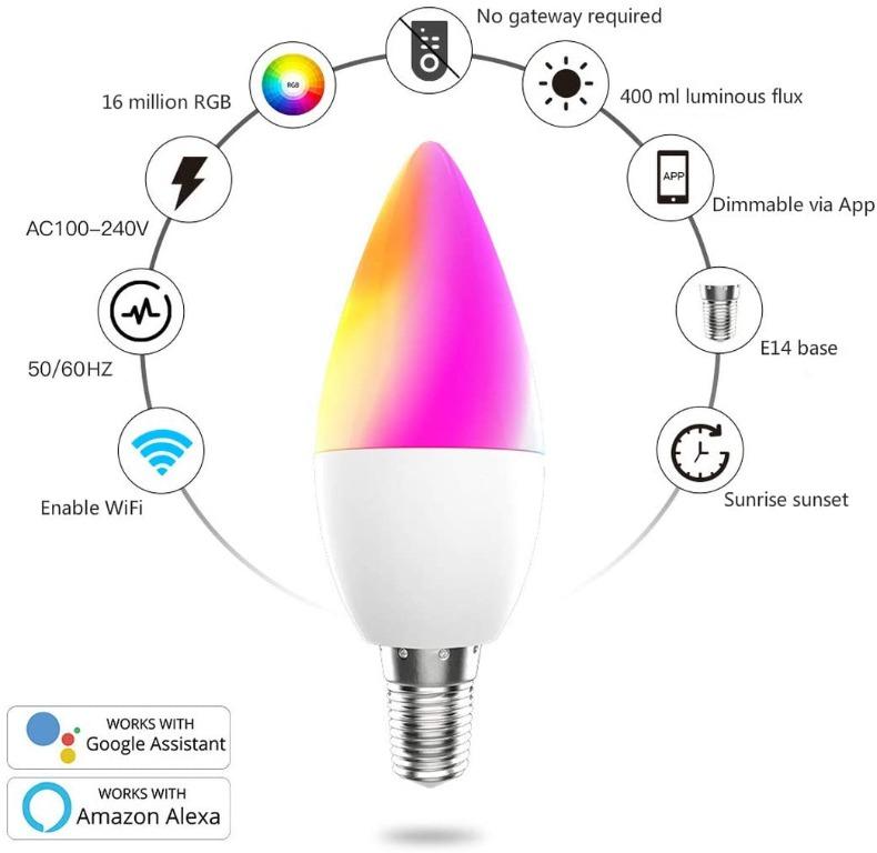 Smart WiFi Bulb LED Candle Light Alexa E14 RGB Colorful 4.5W Bulb Mobile  Phone Smart Control (NO BOX), Furniture  Home Living, Lighting  Fans,  Lighting on Carousell