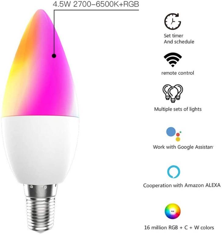 Smart WiFi Bulb LED Candle Light Alexa E14 RGB Colorful 4.5W Bulb Mobile  Phone Smart Control (NO BOX), Furniture  Home Living, Lighting  Fans,  Lighting on Carousell