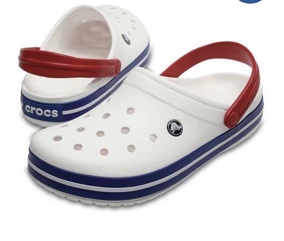 White and Blue Crocs with Red Strap