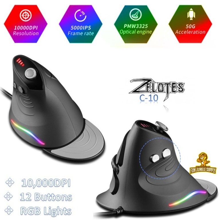 ZELOTES C-10 Vertical Wired Mouse 10000DPI 5 Modes 12 Key Buttons RGB ...