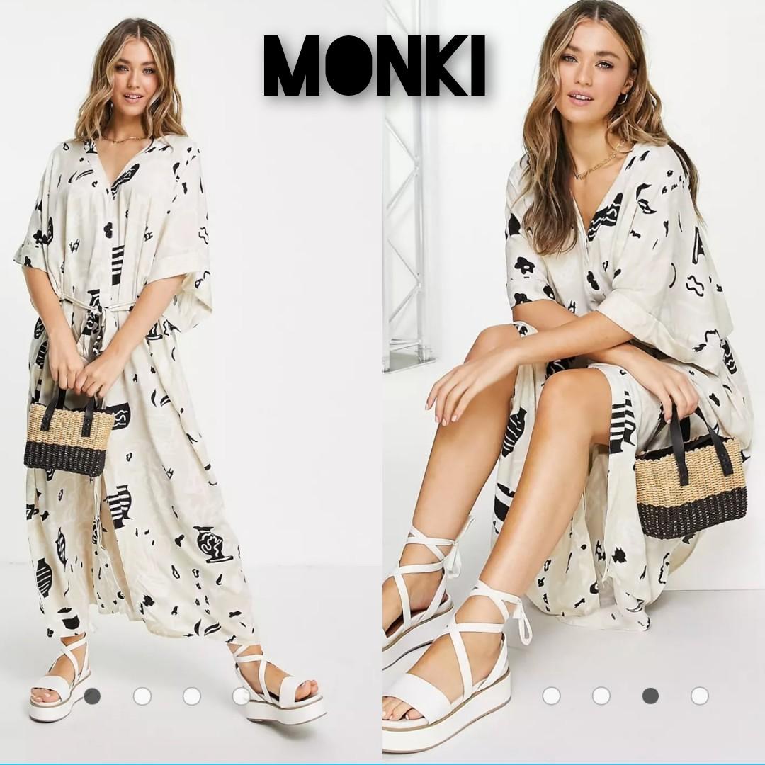 Monki kaftan beige abstract print belted maxi dress bukan zara bisa big size Fesyen Wanita Pakaian Wanita Gaun Rok di Carousell
