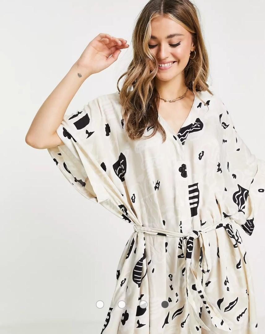 Monki kaftan beige abstract print belted maxi dress bukan zara bisa big size Fesyen Wanita Pakaian Wanita Gaun Rok di Carousell