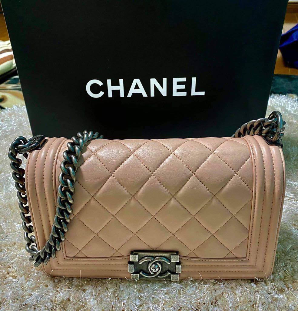 Chanel Beige Chevron Quilted Lambskin Leather Medium Boy Bag  Yoogis  Closet