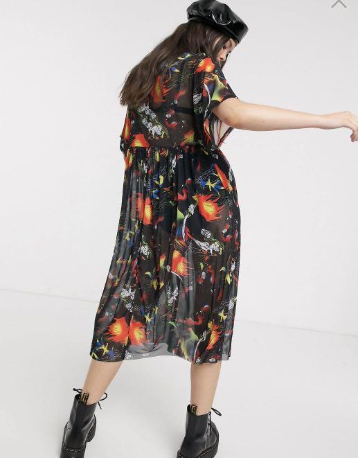 COLLUSION mesh midi smock dress in fire comic print Women s Fashion Dresses Sets Dresses on Carousell