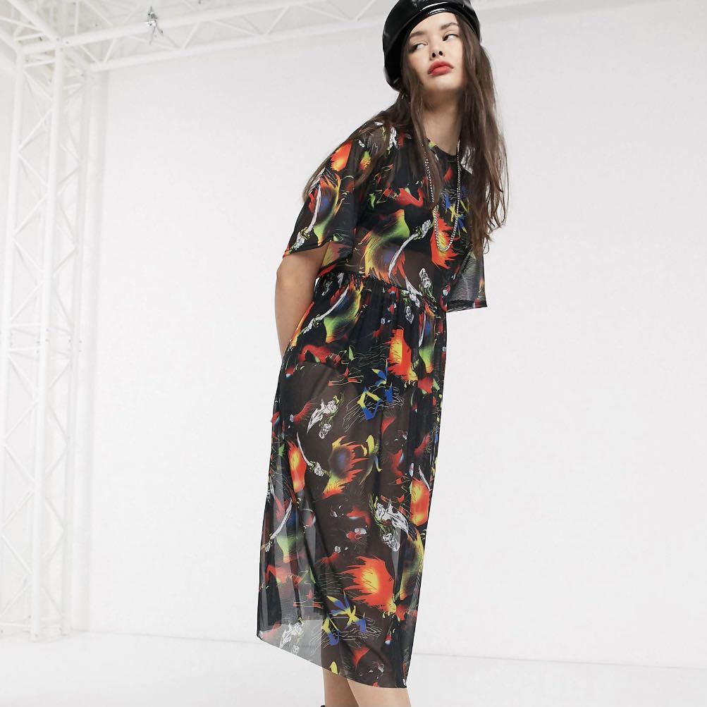 COLLUSION mesh midi smock dress in fire comic print Women s Fashion Dresses Sets Dresses on Carousell
