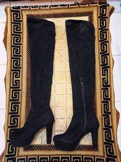 Knee High Boots Black Matte Silk 3” Heels