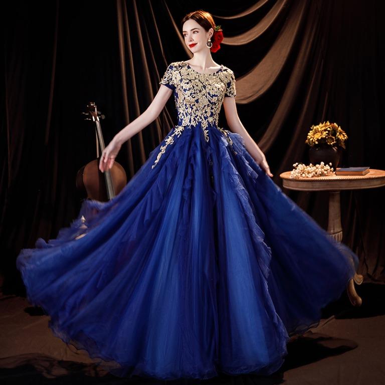 Blue and gold evening dress hot sale