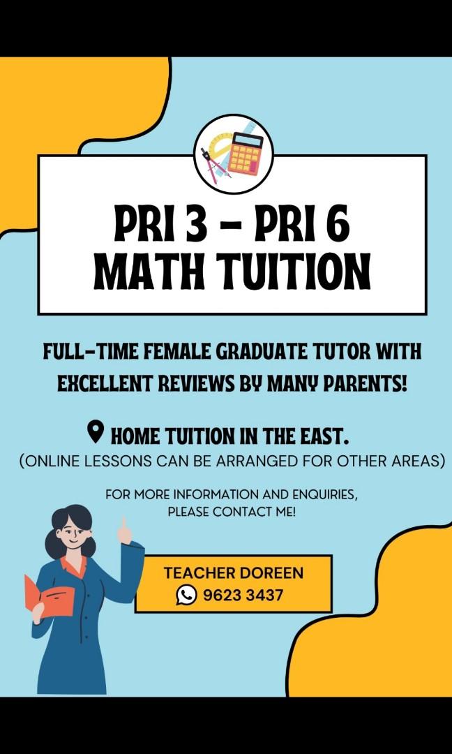 Primary School Private Math Tuition For P3 P4 P5 And P6 By Experienced Female Graduate Tutor Only Areas Near Tampines Pasir Ris Simei Chai Chee Or Bedok Learning Enrichment Enrichment
