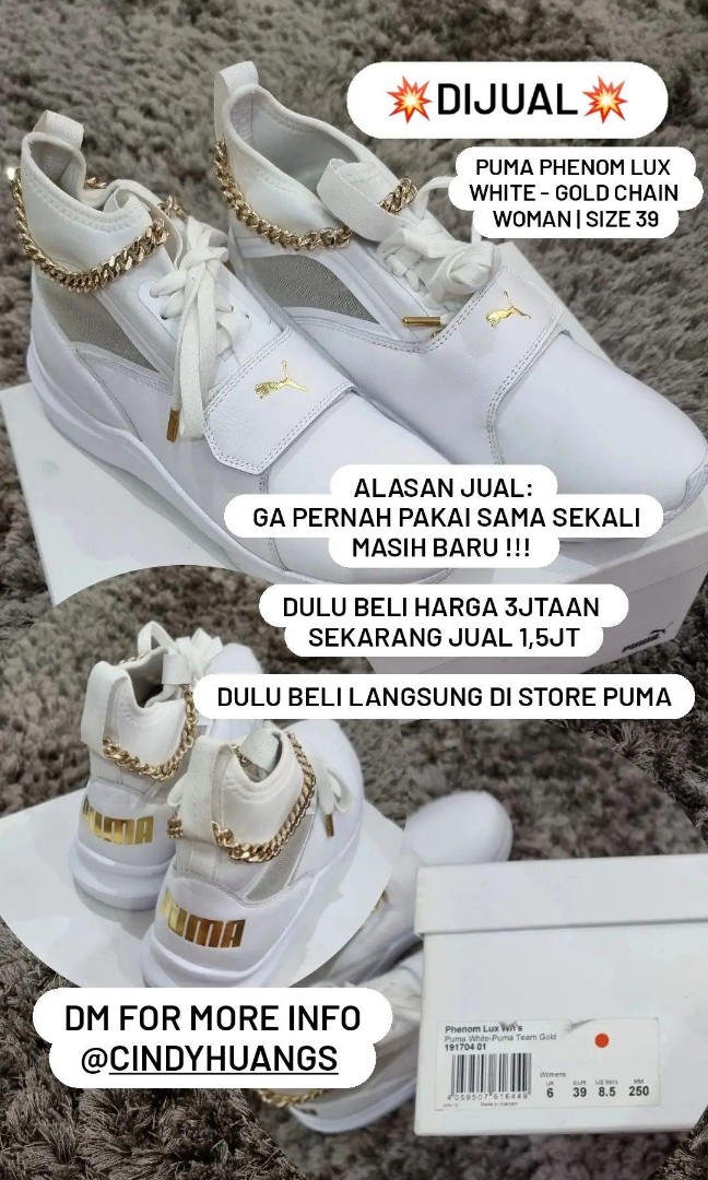 SEPATU PUMA - Phenom White Lux - Gold Chain, Fesyen Wanita, Sepatu di Carousell