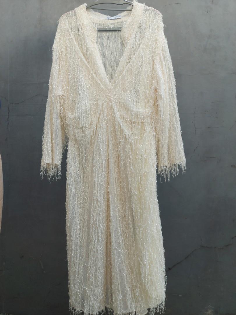 Zara Dress Ivory White, Fesyen Wanita 