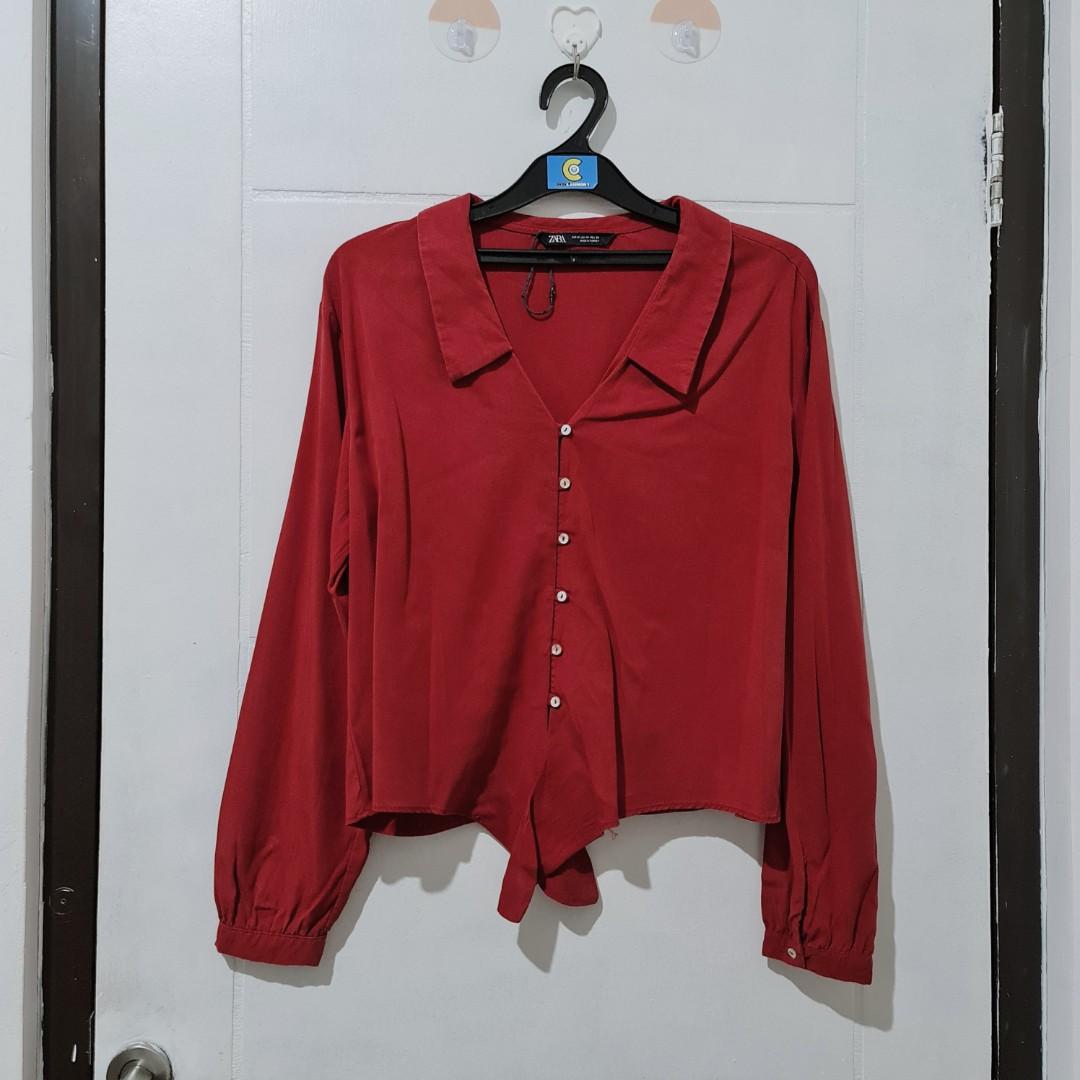 zara red shirt, Fesyen Wanita, Pakaian 