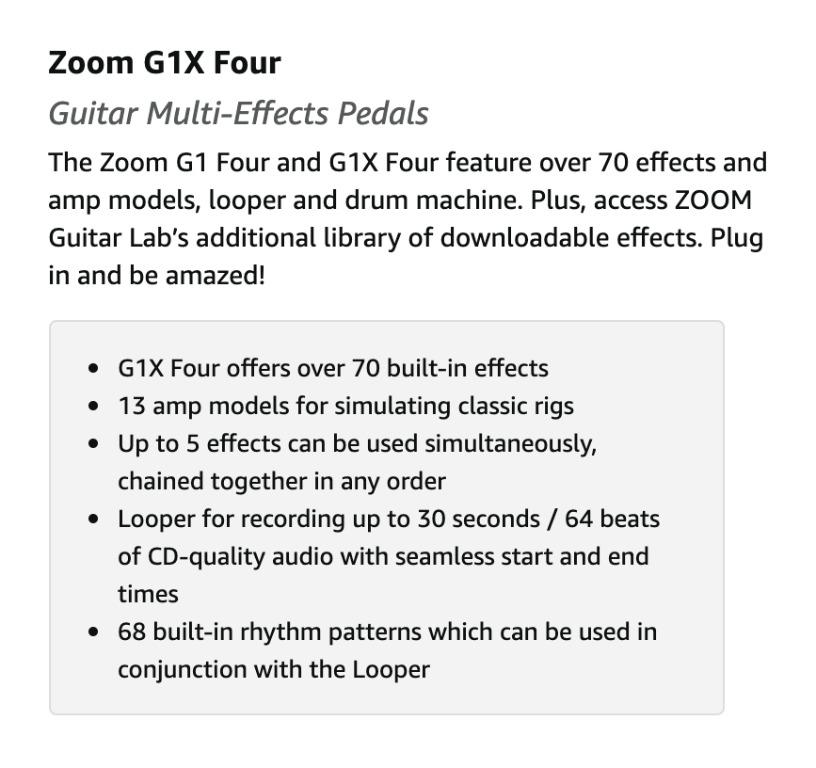 Zoom G1X FOUR Guitar Multi-Effects Processor with Expression Pedal (Category: Musical Instruments) located in Marikina City. Submitted by skowshop (Listing ID 1122880208, Image 3). Description: Brand Zoom Style G1X FOUR About this item: > 71 built-in guitar effects and 13 amp models > Free download of Zoom guitar lab Mac/Windows software > 30-Second looper > 68 built-in rhythm patterns > Standard Guitar input, aux input for external audio players