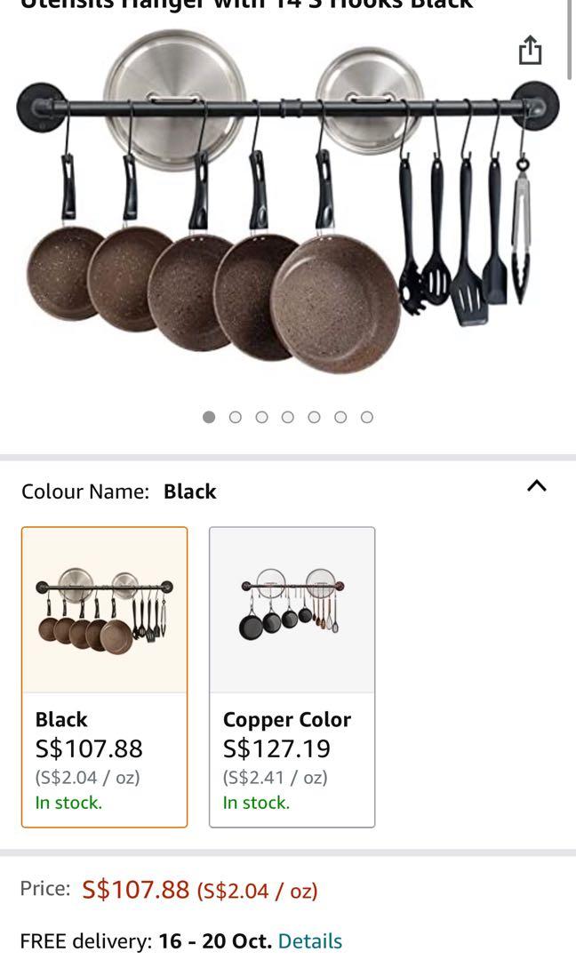 BNIB OROPY 39 inch Pot Bar Rack Wall Mounted Detachable Pans Hanging Rail Kitchen Lids Utensils Hanger with 14 S Hooks Black Furniture Home Living Bathroom Kitchen Fixtures on Carousell