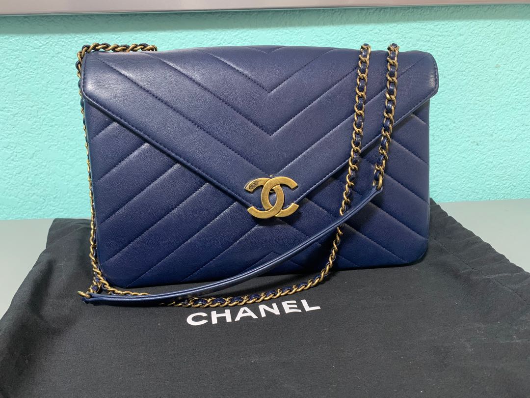 Chanel Chevron Envelope Bag in Navy Lambskin with GHW, Luxury, Bags &  Wallets on Carousell