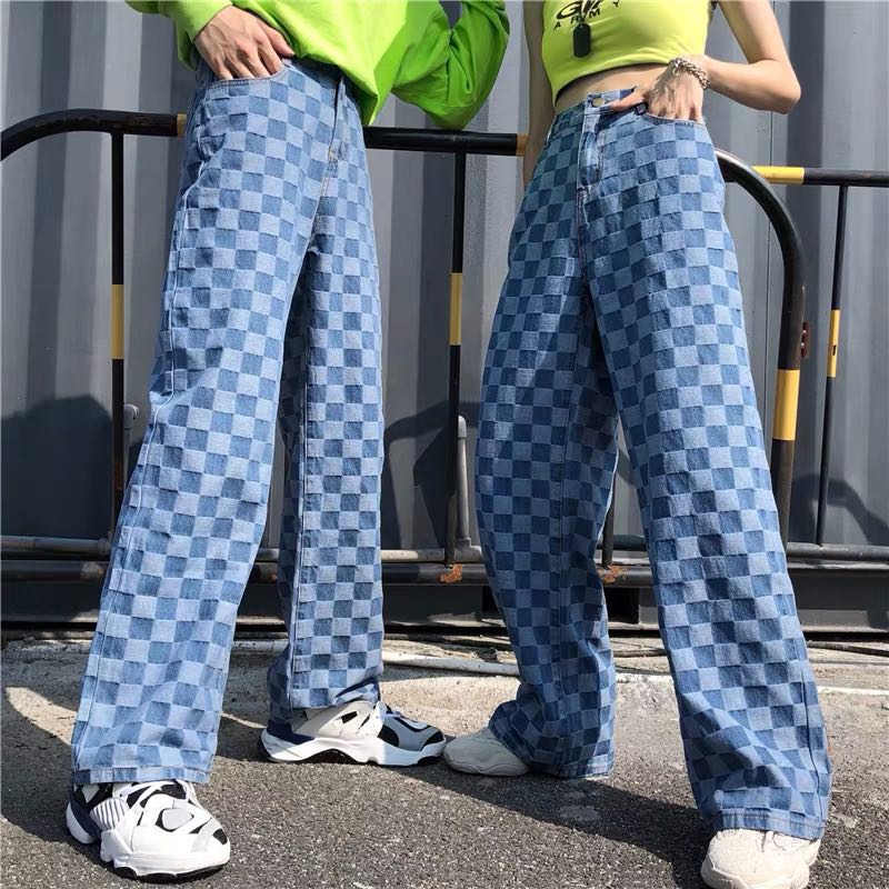 Checkered denim jeans clearance