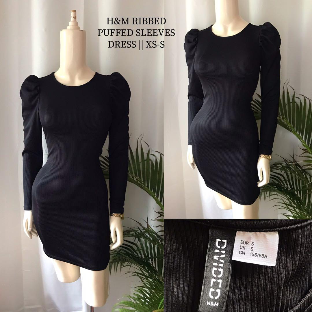 SALE H M Ribbed Puff Sleeves Dress Women s Fashion Dresses