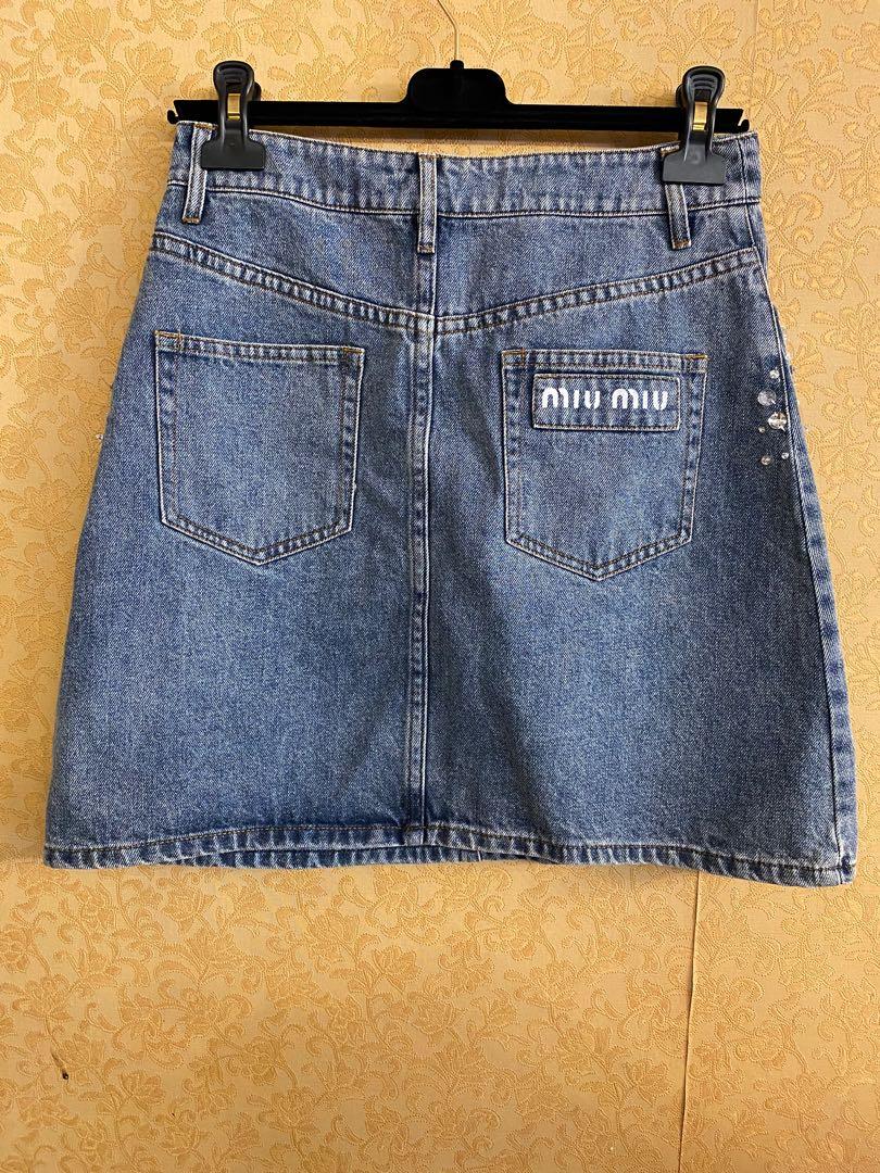 Miu Miu Embellished Crystal Denim Skirt, Luxury, Apparel on Carousell 