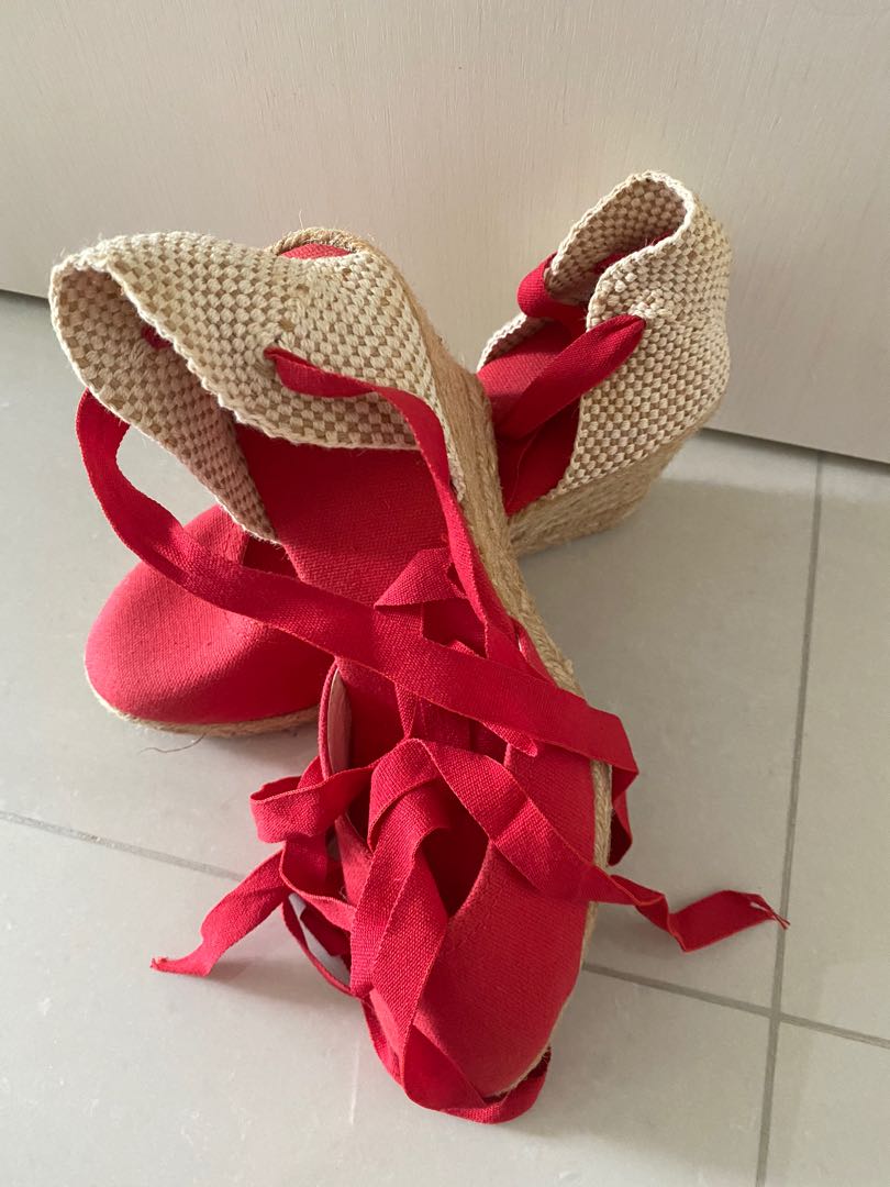 Red lace top wedges