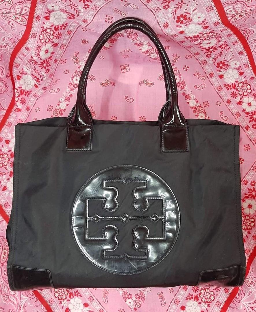 Tory Burch Ella Large Tote Black Nylon Patent Leather, Luxury, Bags &  Wallets on Carousell
