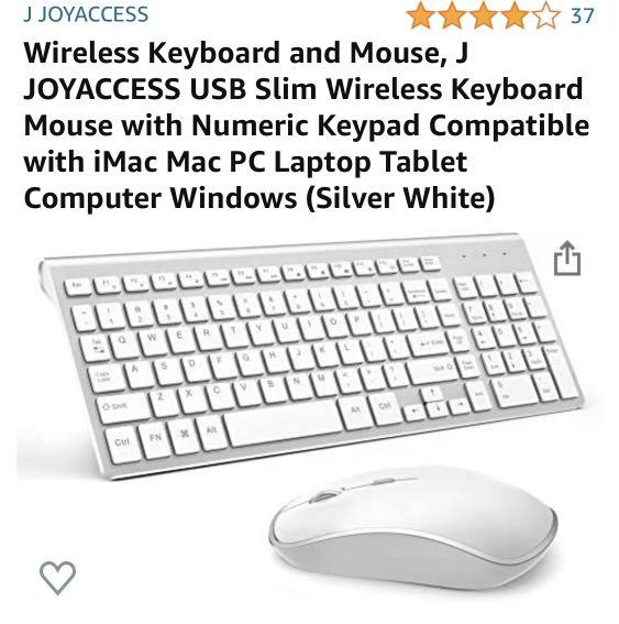 J JOYACCESS USB Slim Wireless Keyboard Mouse with Numeric Keypad Compatible with iMac Mac PC Laptop Tablet Computer Windows Wireless Keyboard and Mouse Silver White