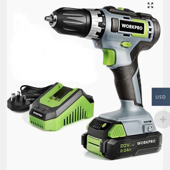 WORKPRO 20V Cordless Double Speed Drill come without casing and accessories. What you get 1 20V Cordless Drill Driver 1 20V Li ion Batteries 1 2.4A Quick Charger Furniture Home Living Home Improvement