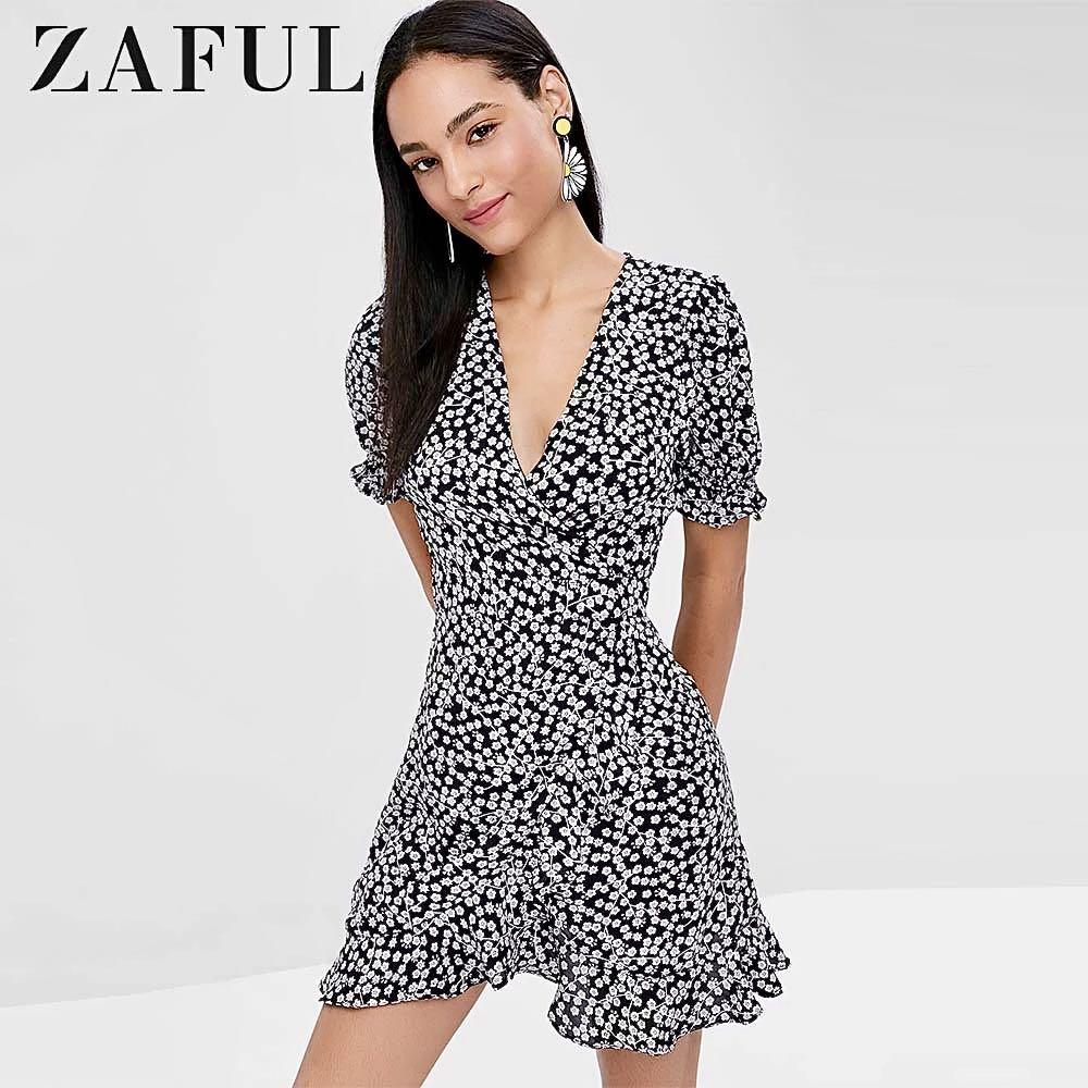 ZAFUL Floral Print Wrap Tea Dress, Women's Fashion, Dresses u0026 Sets, Dresses  on Carousell
