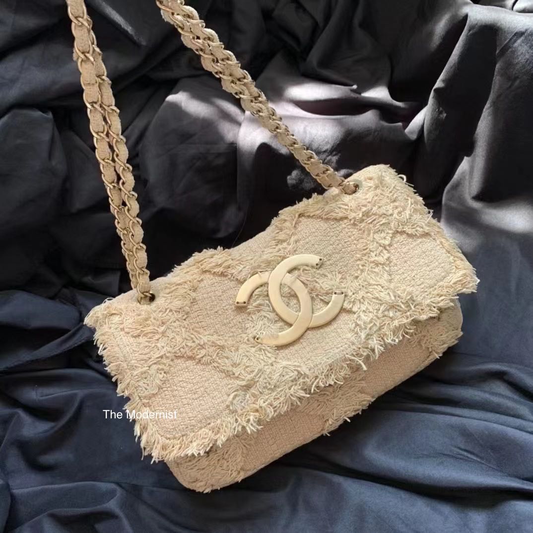 Authentic Chanel Beige Tweed Nature Flap Bag Maxi Logo, Luxury