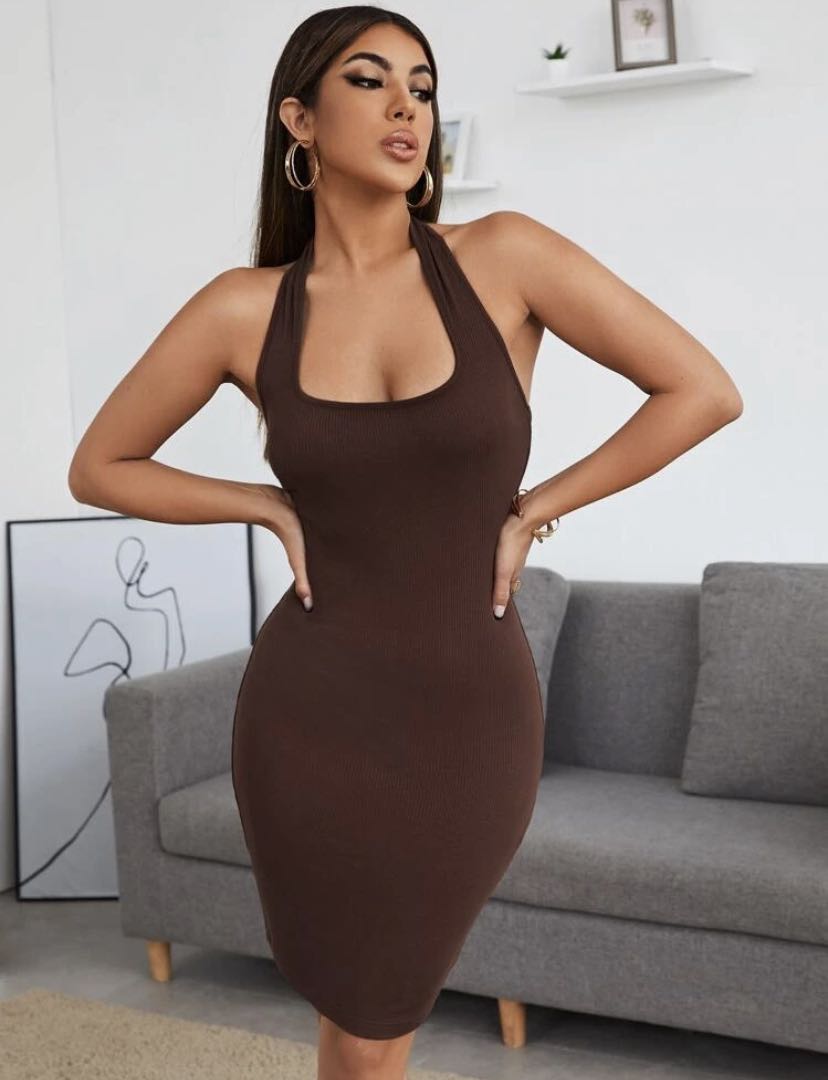 Brown Ribbed Halter Dress, Women's 
