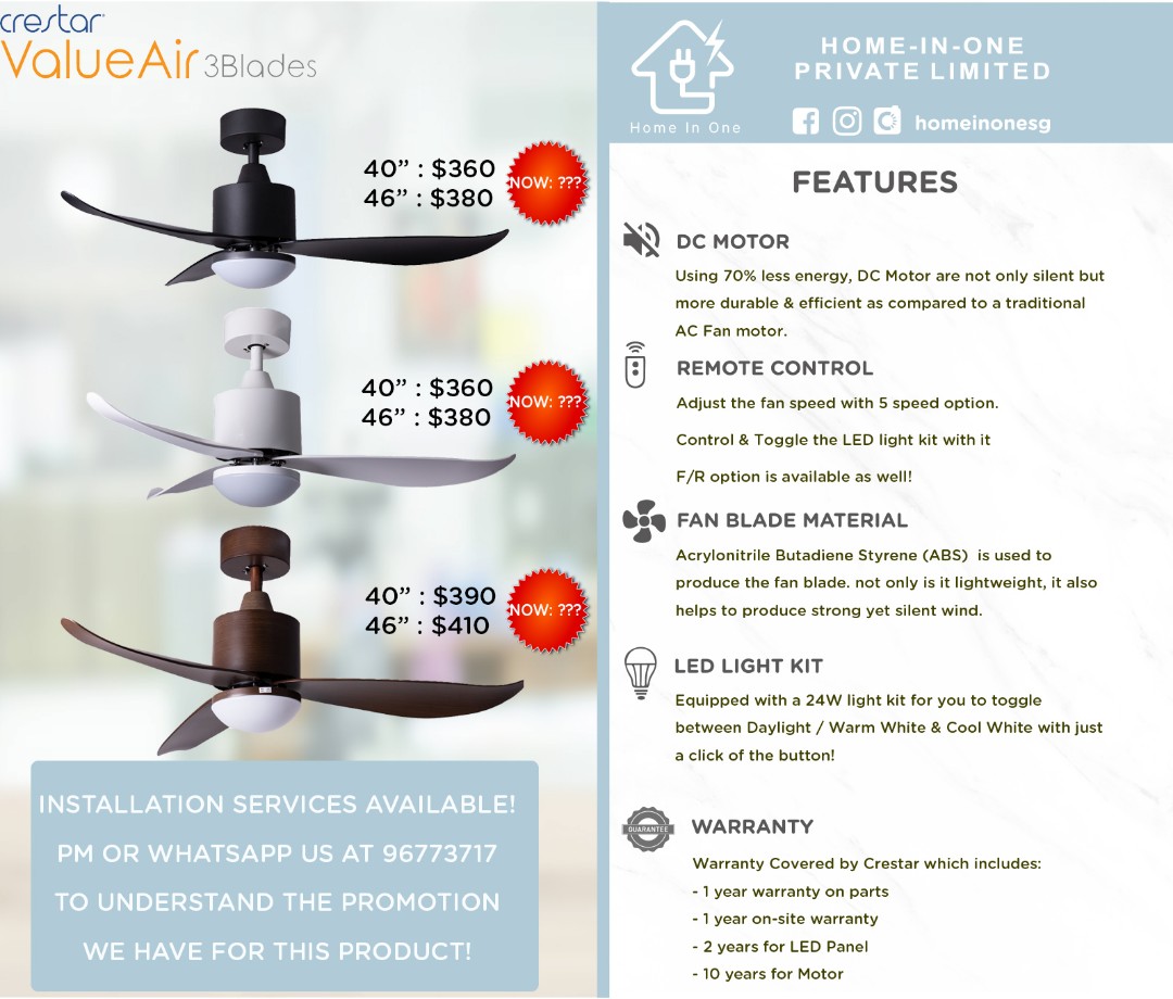 Ceiling Fan Crestar Valuair 5 Blades LED light + REMOTE CONTROL + DC motor, Furniture & Home