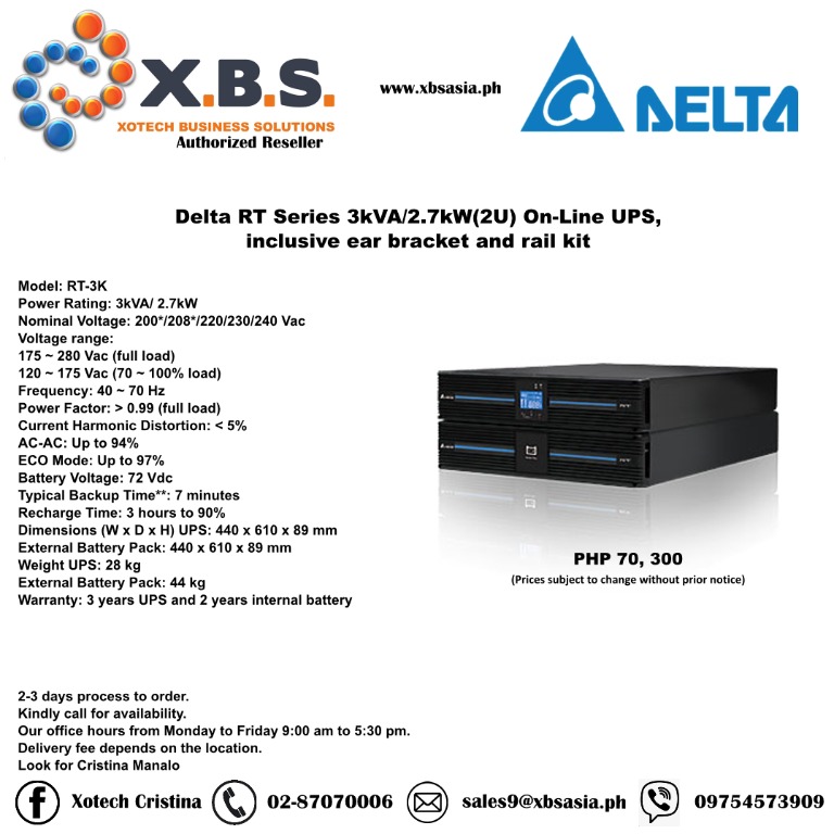 Delta RT Series 3kVA/2.7kW(2U) OnLine UPS, inclusive ear bracket and