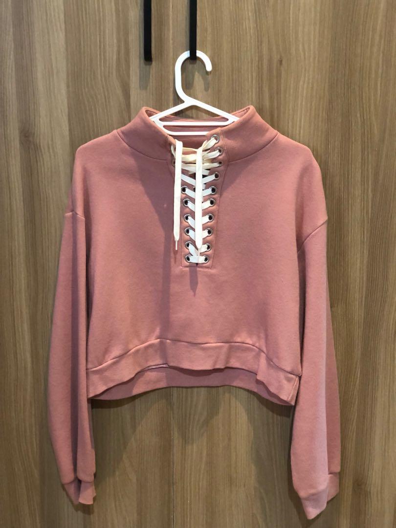 H M pink shoelace cropped jacket sweater Women s Fashion Coats