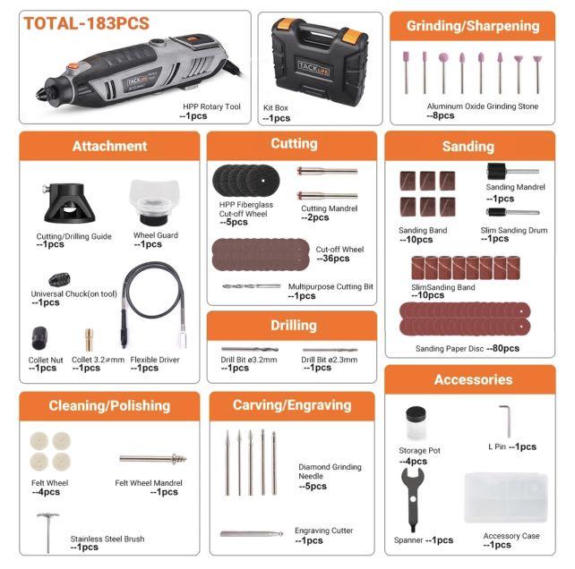 TACKLIFE Rotary Tool 200W Power Variable Speed With 170 Accessories