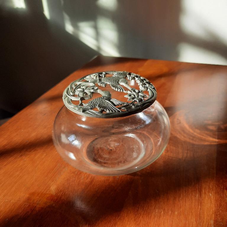 Vintage Glass Potpourri Pot With Decorative Hummingbird Pewter Lid