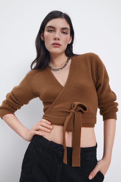 Zara knit wrap top in brown crop cardigan, Fesyen Wanita, Pakaian
