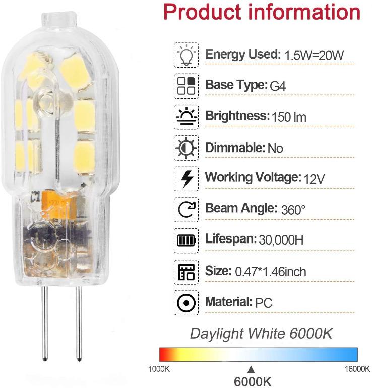 Ampoule G4 LED 12V 2W Blanc Froid 6000K, 200LM, Équivalent