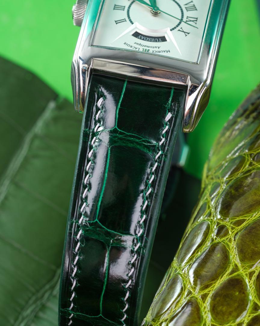 Handmade Handstitched Watch Strap In Green Crocodile Leather For Client s Maurice Lacroix Watch