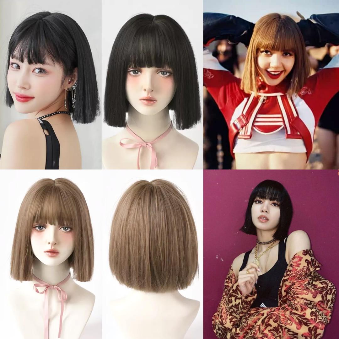 INSTOCK] Korean Blackpink Lisa's 2 Colors Straight Short Airy Bangs Wig Hair  Adjustable/Breathable, Beauty & Personal Care, Hair on Carousell